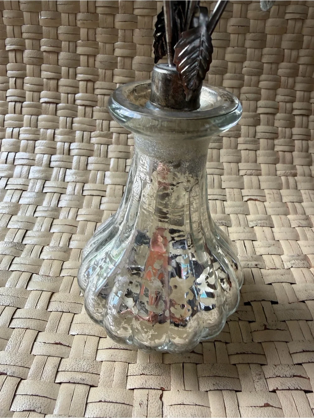 Vintage Mercury Glass Decanter Bottle & Silver Floral Leaves Stopper